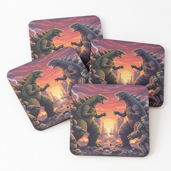 Item preview, Retro Pixelated Dinosaur Robot Mech Battle Scene designed and sold by ToadsGiftsnThings.