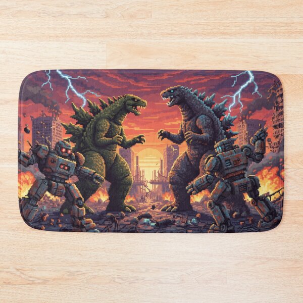 Item preview, Retro Pixelated Dinosaur Robot Mech Battle Scene designed and sold by ToadsGiftsnThings.