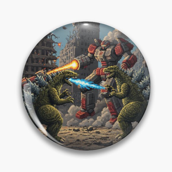 Item preview, Retro Pixelated Dinosaur Robot Mech Battle Scene designed and sold by ToadsGiftsnThings.