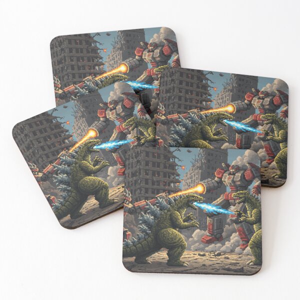 Item preview, Retro Pixelated Dinosaur Robot Mech Battle Scene designed and sold by ToadsGiftsnThings.