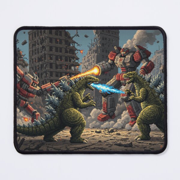 Item preview, Retro Pixelated Dinosaur Robot Mech Battle Scene designed and sold by ToadsGiftsnThings.