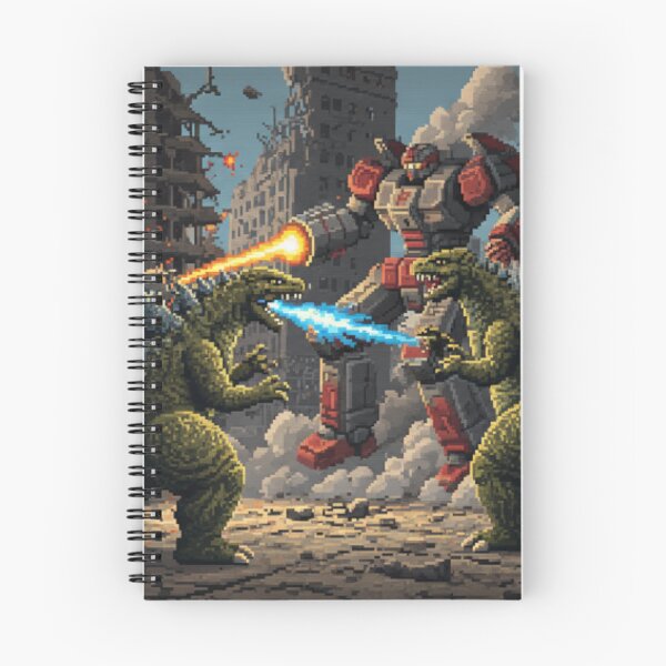 Item preview, Retro Pixelated Dinosaur Robot Mech Battle Scene designed and sold by ToadsGiftsnThings.