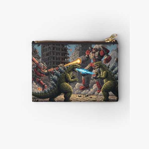 Item preview, Retro Pixelated Dinosaur Robot Mech Battle Scene designed and sold by ToadsGiftsnThings.