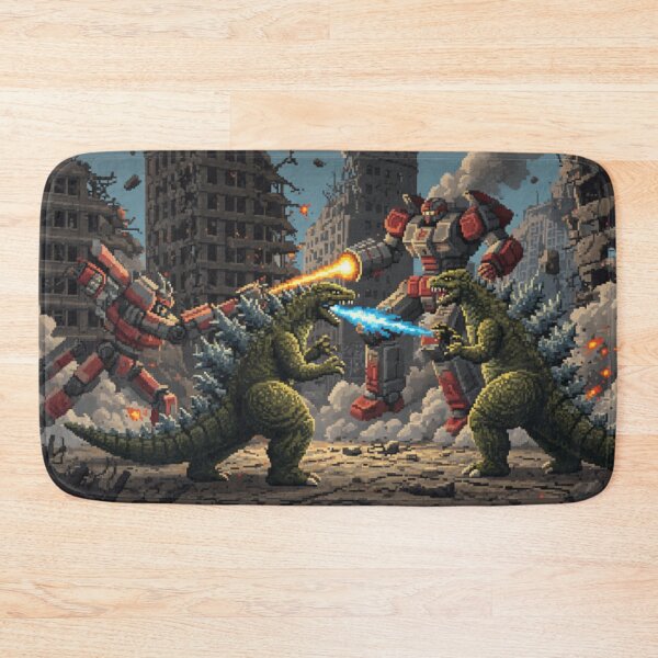 Item preview, Retro Pixelated Dinosaur Robot Mech Battle Scene designed and sold by ToadsGiftsnThings.