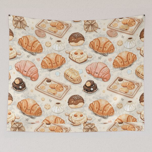 Item preview, Kawaii Croissants and Baked Goods Cozy Brown Pattern designed and sold by MoonlitDoodles1.