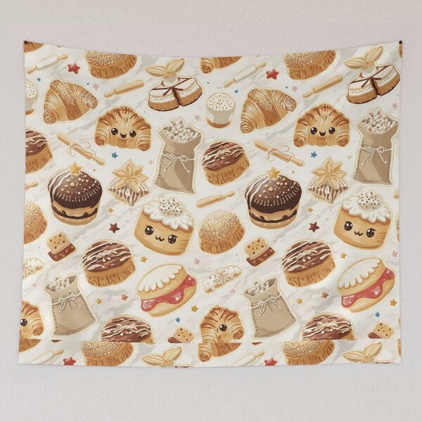 Item preview, Kawaii Croissants and Cozy Tea Treats Pastel Baking Pattern designed and sold by MoonlitDoodles1.