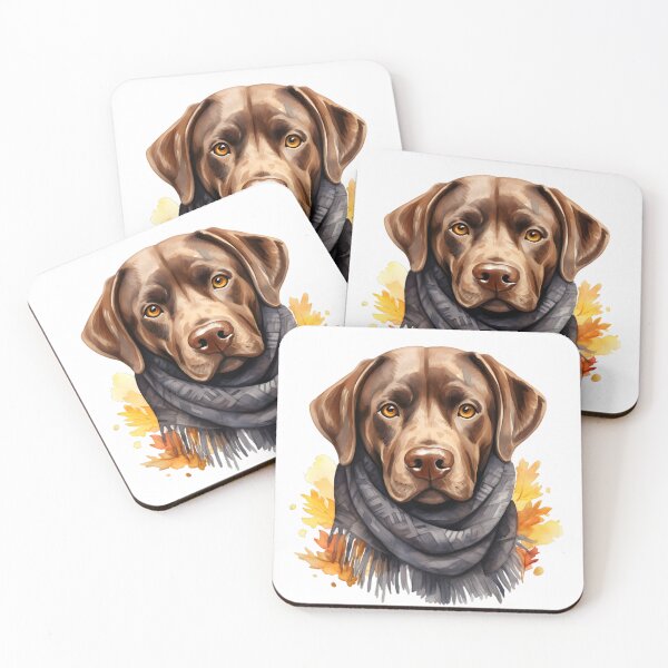 Item preview, Chocolate Labrador with Gray Scarf and Autumn Leaves designed and sold by QuietBloom80.