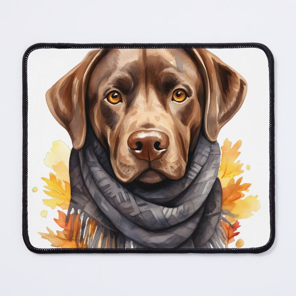 Item preview, Chocolate Labrador with Gray Scarf and Autumn Leaves designed and sold by QuietBloom80.