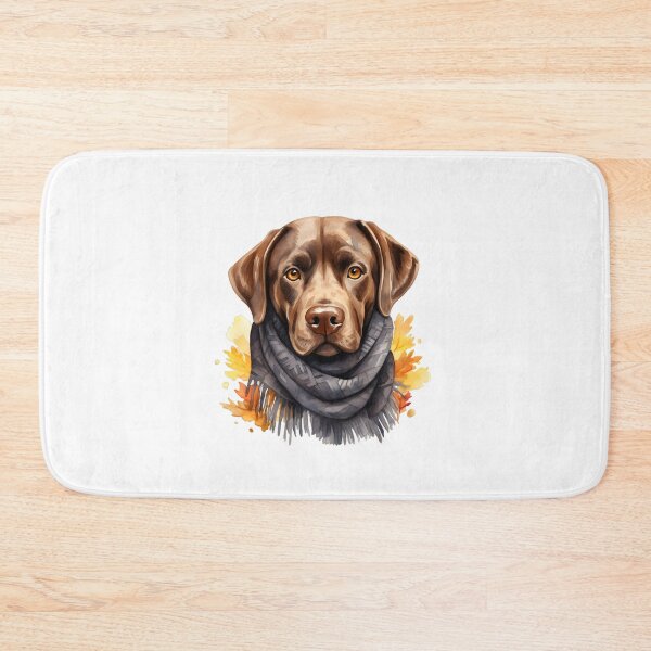 Item preview, Chocolate Labrador with Gray Scarf and Autumn Leaves designed and sold by QuietBloom80.