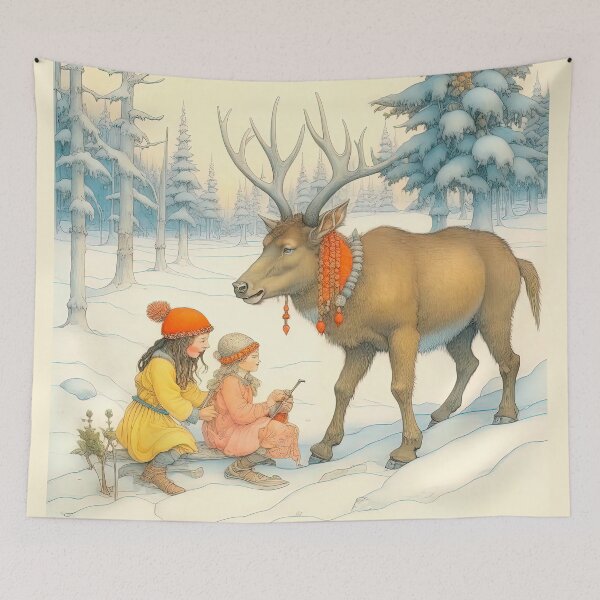 Item preview, Two Girls Meet A Deer In The Winter Forest designed and sold by LanaGustavsson.