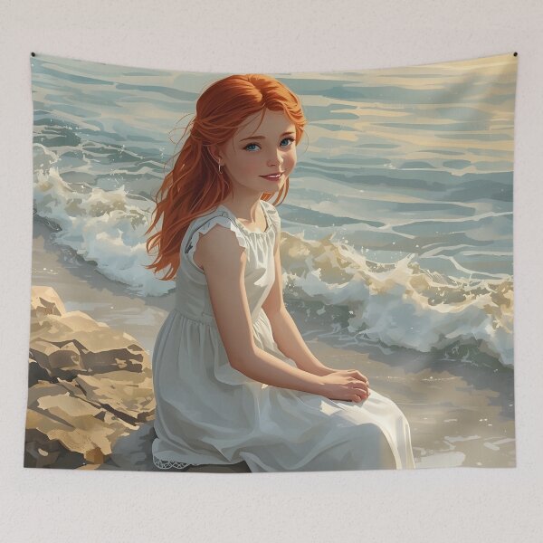 Item preview, Sunset Glow – Girl on Rock Watching the Sea Painting designed and sold by Valeree Store.