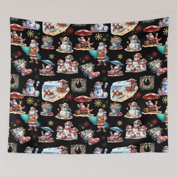Item preview, Tropical Christmas Pattern with Beach Santa, Snowmen & Seashell Holiday Decor - BLACK designed and sold by PAPIRO SIGLO XXI.