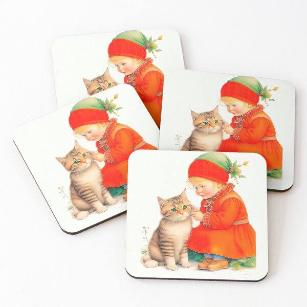 Item preview, Christmas Vintage Design In Scandinavian Style Little Girl With Kitten designed and sold by LanaGustavsson.