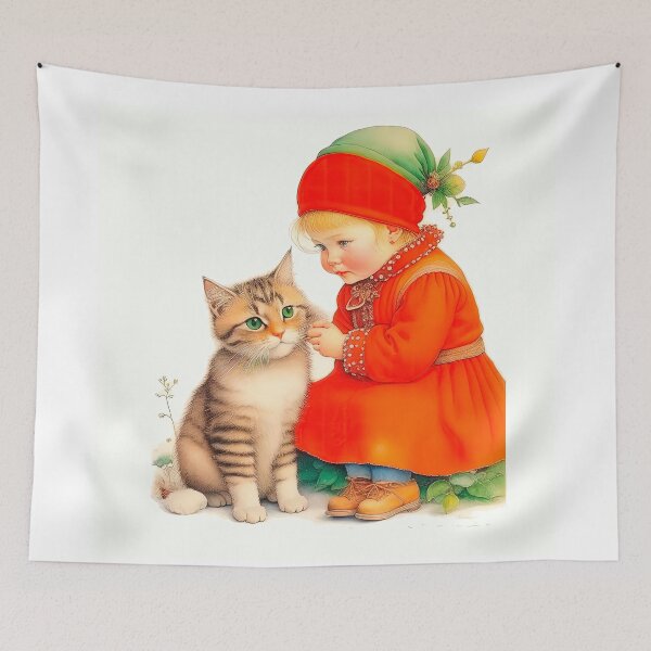 Item preview, Christmas Vintage Design In Scandinavian Style Little Girl With Kitten designed and sold by LanaGustavsson.