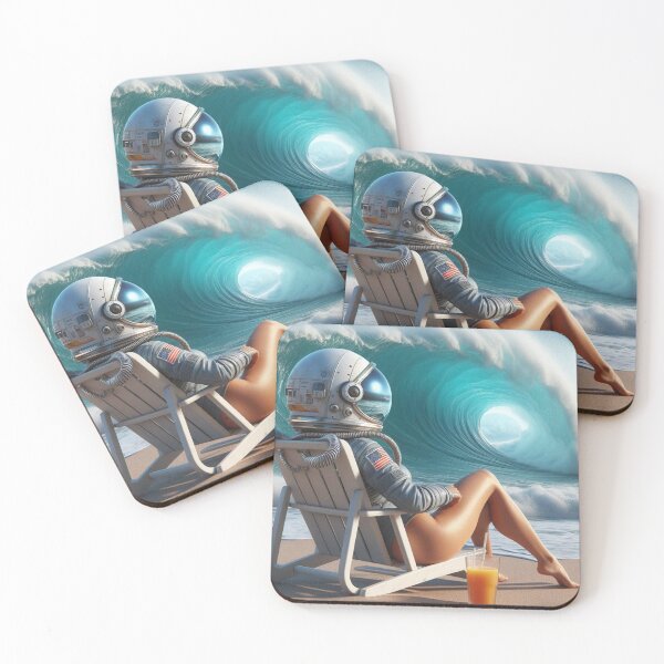 Item preview, Beautiful Lady Astronaut at the Beach Watching Waves and a Sunset Drinking Orange Juice designed and sold by MakersFolly.