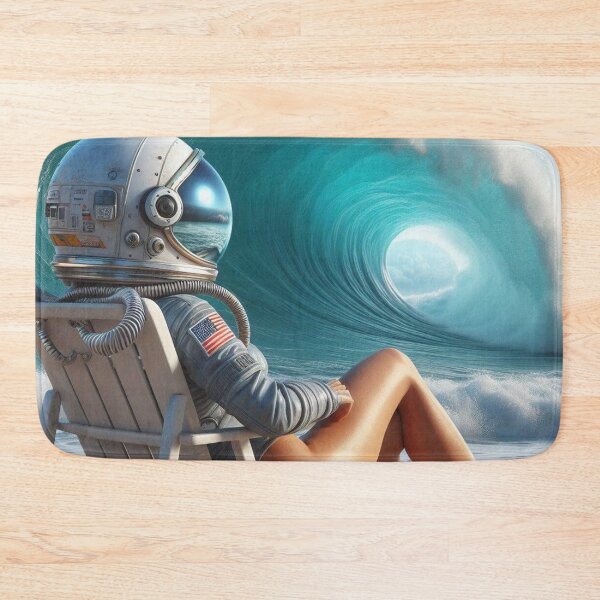Item preview, Beautiful Lady Astronaut at the Beach Watching Waves and a Sunset Drinking Orange Juice designed and sold by MakersFolly.