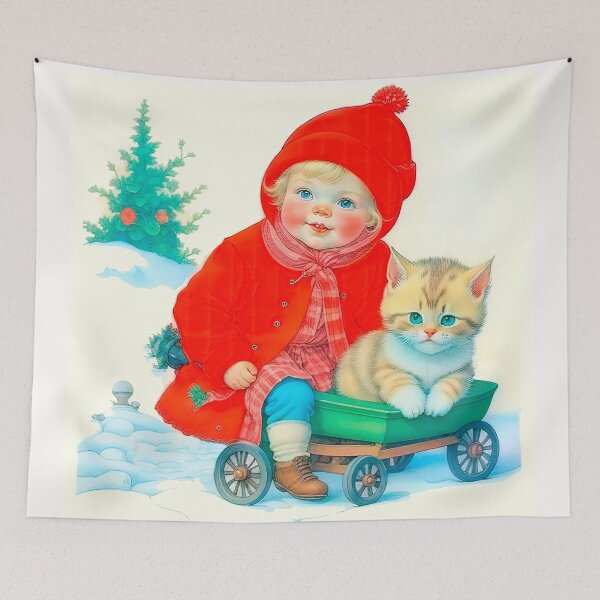 Item preview, Christmas Vintage Design In Scandinavian Style Little Girl With Kitten designed and sold by LanaGustavsson.