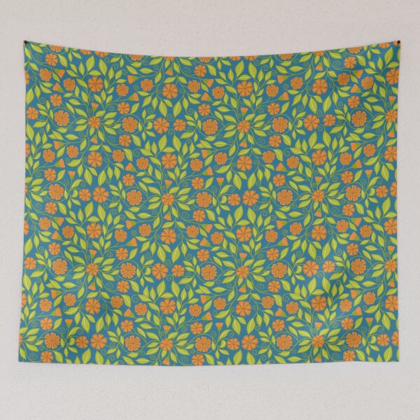 Item preview, Orange flowers on blue background designed and sold by MarySchwindt.