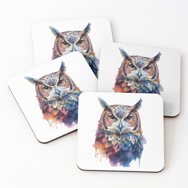 Item preview, A majestic owl with piercing yellow eyes and vibrant, colorful feathers, set against a watercolor background designed and sold by homydesign.
