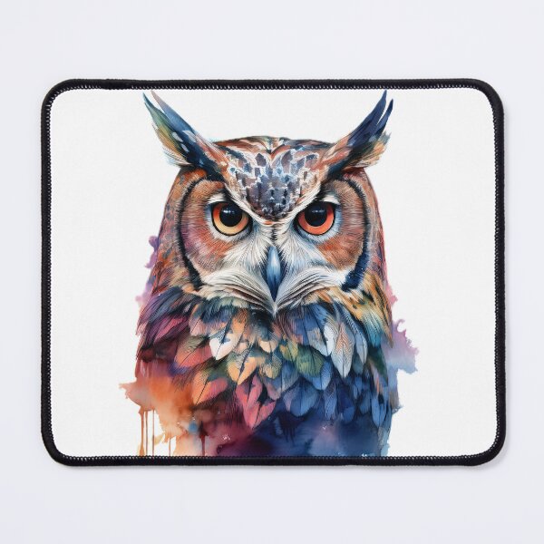 Item preview, A majestic owl with piercing yellow eyes and vibrant, colorful feathers, set against a watercolor background designed and sold by homydesign.
