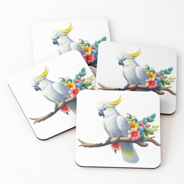 Item preview, A white cockatoo perched on a branch surrounded by colorful flowers designed and sold by homydesign.