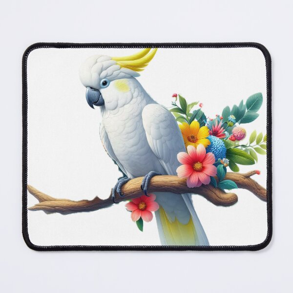 Item preview, A white cockatoo perched on a branch surrounded by colorful flowers designed and sold by homydesign.