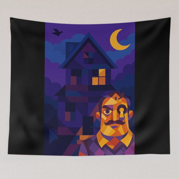 Item preview, HOUSE OF SECRETS –  Hello Neighbor Unique Surreal Colorful Cubist Night Fan Art designed and sold by Owlic.artwear.