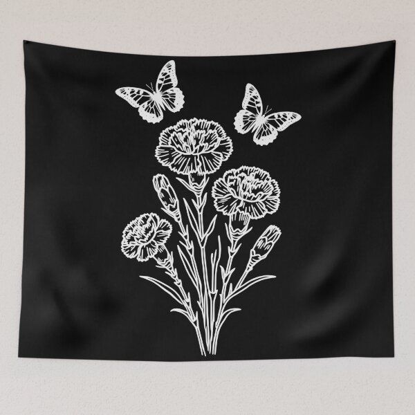Item preview, White Carnation Flowers & Butterflies on Black Shapes Mania designed and sold by Shapes-Mania.