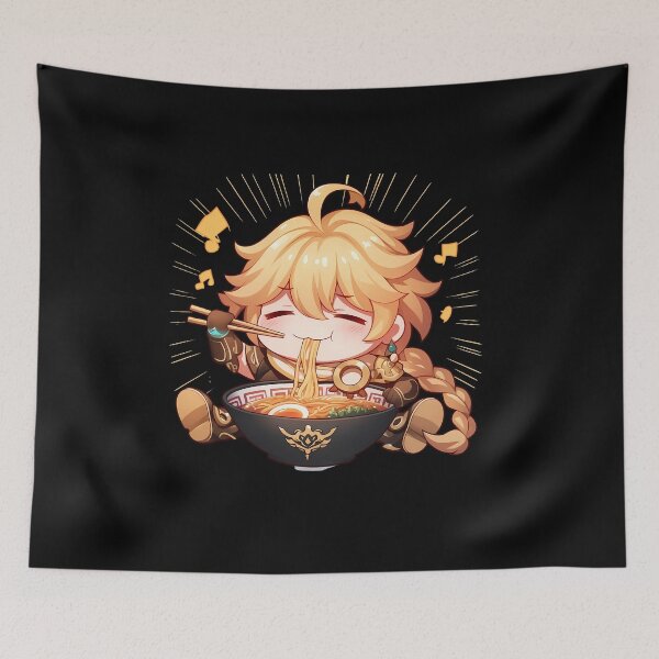 Item preview, Traveler Aether Genshin Impact Chibi Boy Enjoying Delicious Ramen Anime designed and sold by Raslbazola.