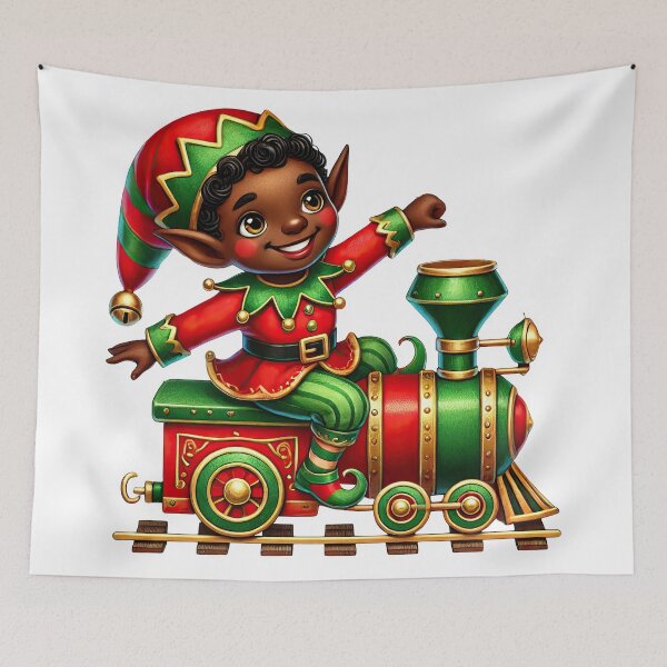 Item preview, Playful Black Christmas Elf Riding Toy Train | Christmas Magic Design designed and sold by Lulunza.