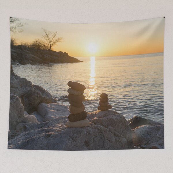Item preview, Sunrise Over Colorful Stacked Stones by the Shore designed and sold by Georgia Mizuleva.