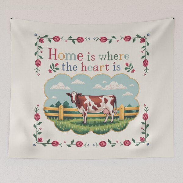 Item preview, Home is Where the Heart is Cow - Folk Art Cross Stitch Farmhouse Design designed and sold by Random Candy Studio.