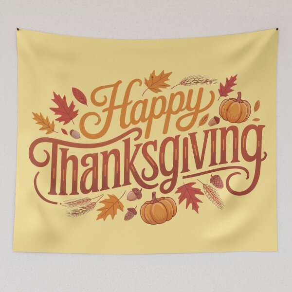 Item preview, Happy Thanksgiving Typography - Orange Autumn Leaves and Pumpkins Fall Art designed and sold by Random Candy Studio.