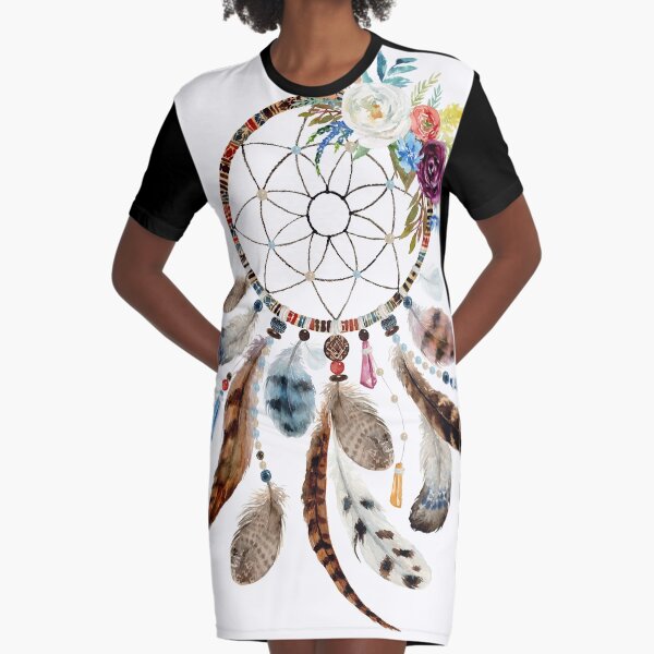 Colorful flowers and feathers tribal dream catcher Graphic T-Shirt Dress