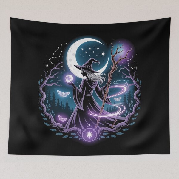 Item preview, Mystical Witch Moon Art - Purple Teal Magic Staff Crystal Ball Celestial Design designed and sold by Random Candy Studio.