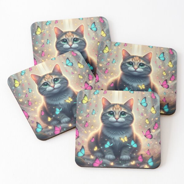 Item preview, A realistic cat surrounded by floating colorful butterflies..  designed and sold by beMyMeow.