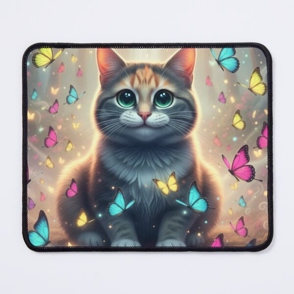 Item preview, A realistic cat surrounded by floating colorful butterflies..  designed and sold by beMyMeow.