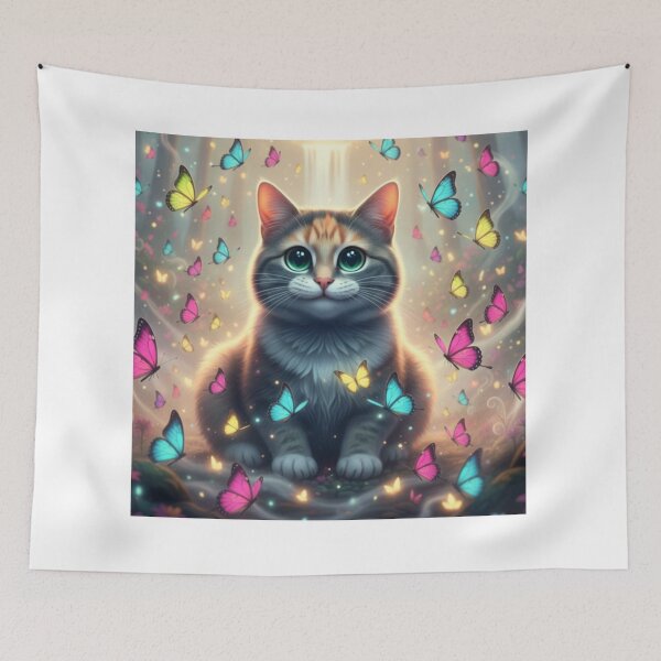 Item preview, A realistic cat surrounded by floating colorful butterflies..  designed and sold by beMyMeow.