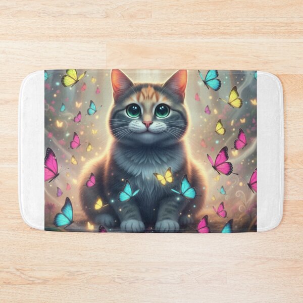 Item preview, A realistic cat surrounded by floating colorful butterflies..  designed and sold by beMyMeow.