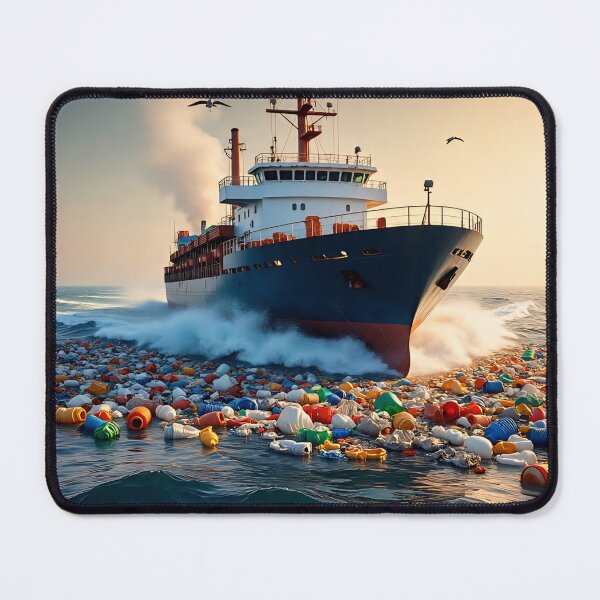 Item preview, Ship Struggling Through Plastic Waste – Realistic 3D Ocean Pollution Art designed and sold by AwesomeDigiShop.