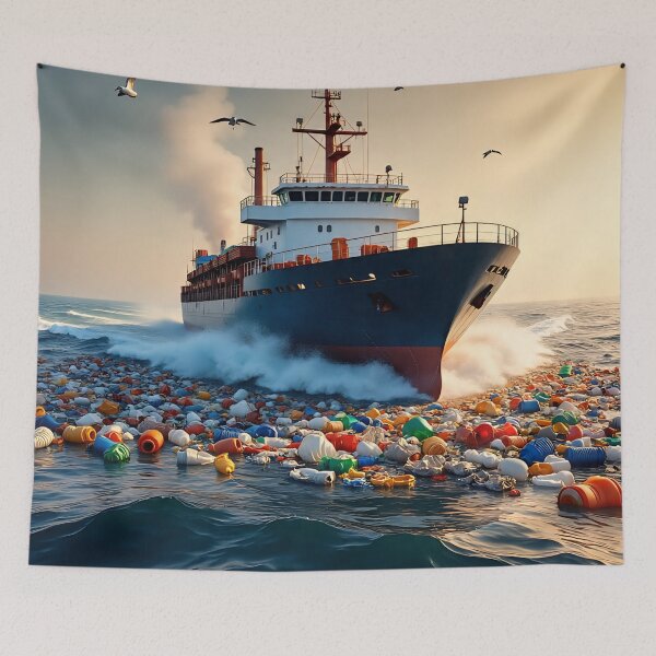 Item preview, Ship Struggling Through Plastic Waste – Realistic 3D Ocean Pollution Art designed and sold by AwesomeDigiShop.