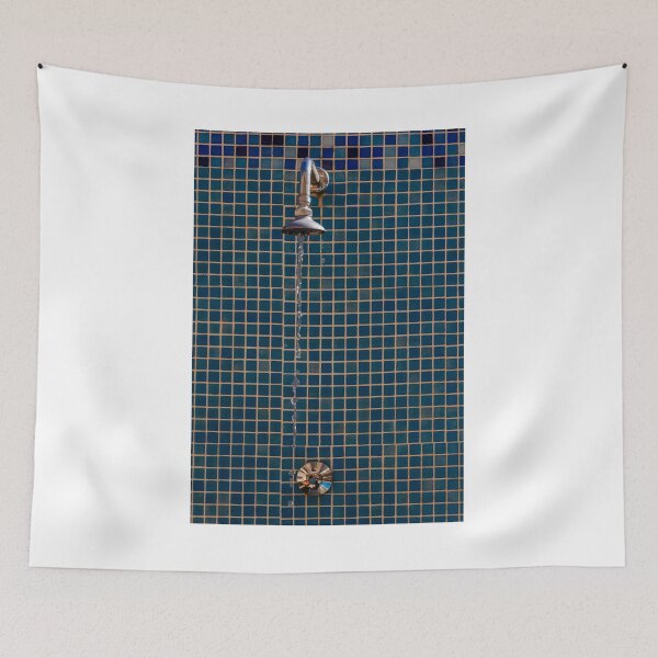 Item preview, Shower Head With Running Water Against Blue Tile Wall in Modern Bathroom designed and sold by Nmallia.