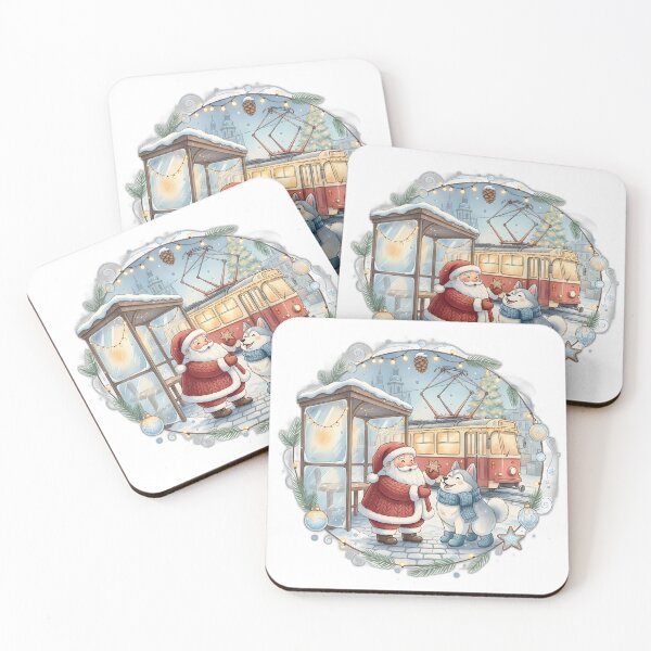 Item preview, Santa & Husky at Prague Tram Stop — Blue-Hour Watercolor Scene designed and sold by FixwellStudio.