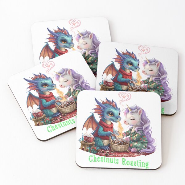 Item preview, Chestnuts Roasting | Cute Dragon and Unicorn Romantic Fantasy Christmas designed and sold by ArtisticDesignsbyLinda.