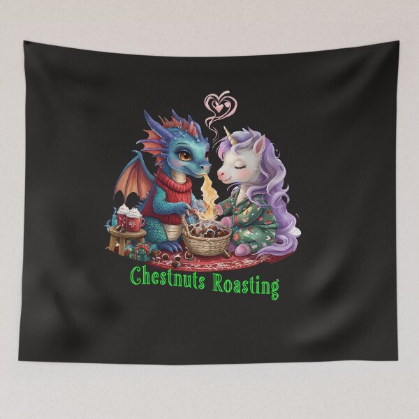 Item preview, Chestnuts Roasting | Cute Dragon and Unicorn Romantic Fantasy Christmas designed and sold by ArtisticDesignsbyLinda.