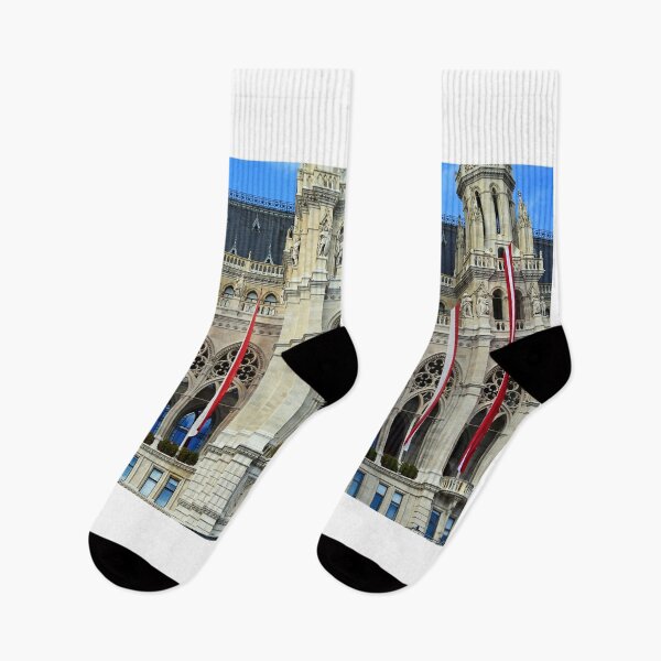Item preview, Vienna's Town Hall with Austrian flags on the wall, Rathaus exterior, Vienna. Austria. designed and sold by goceris.