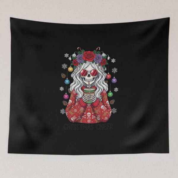 Item preview, Festive Skeleton Woman with Coffee | Gothic Cute Christmas Art designed and sold by ColorSplash123.