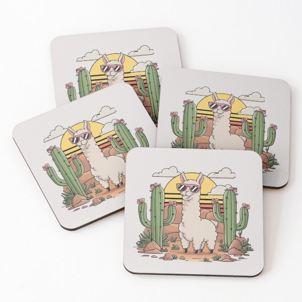 Item preview,  a cartoon fluffy white llama wearing pink sunglasses, standing in a desert landscape with two tall green cacti with pink flowers designed and sold by 123ks.