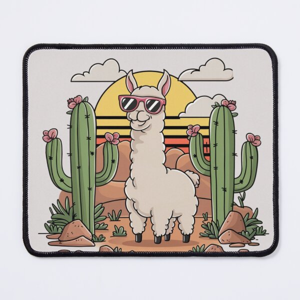 Item preview,  a cartoon fluffy white llama wearing pink sunglasses, standing in a desert landscape with two tall green cacti with pink flowers designed and sold by 123ks.