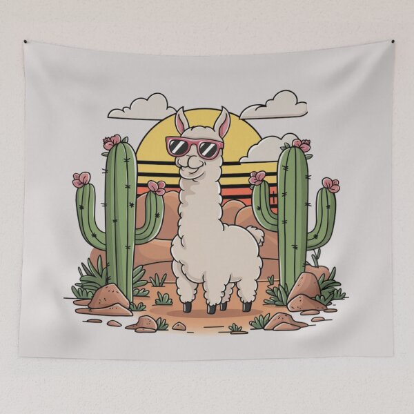 Item preview,  a cartoon fluffy white llama wearing pink sunglasses, standing in a desert landscape with two tall green cacti with pink flowers designed and sold by 123ks.